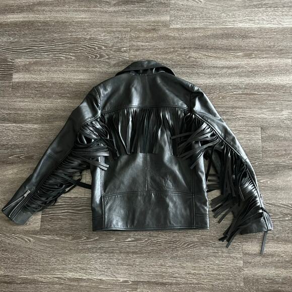 EUC ASOS‎ 100% Real Leather Fringe Moto Jacket Sz Small Black Western Boho Biker - Picture 14 of 16